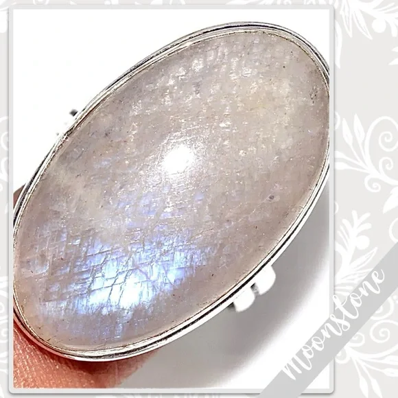 Moonstone Large Eclectic Silver Artisan Ring, 10.5 (Pearly Cream, Blue-Violet) - Picture 2 of 2